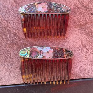 Vintage Abalone Mother of Pearl Floral Inlay Hair Combs Set of 2 France Tortoise